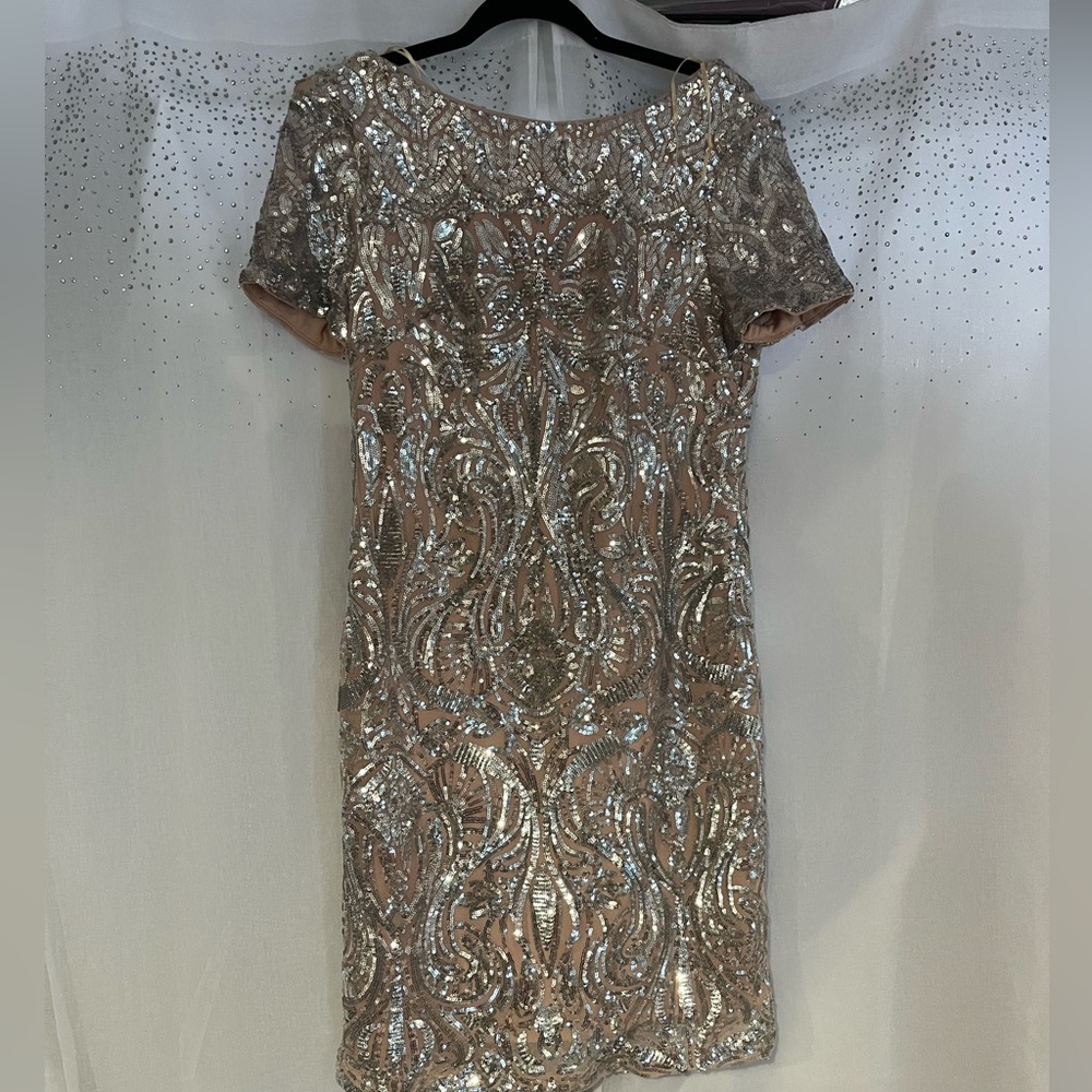 R&M Richards Silver Sequin on Nude Cocktail Mini Dress